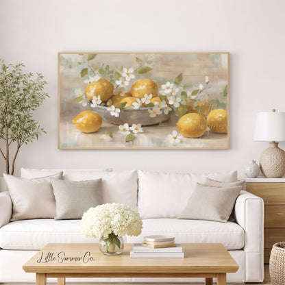 Lemons And Blossoms Frame TV Art displayed on a TV