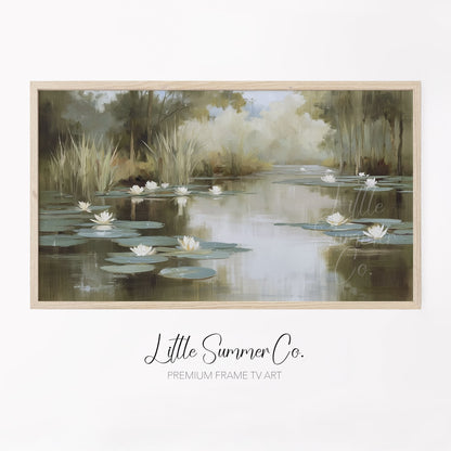 Misty Water Lily Pond Frame TV Art displayed on a TV