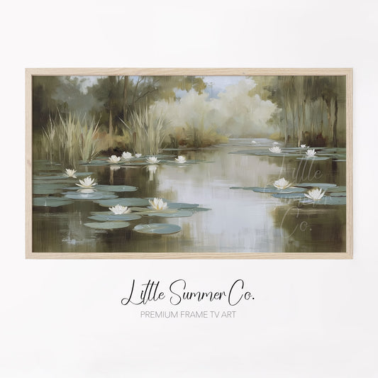Misty Water Lily Pond Frame TV Art displayed on a TV