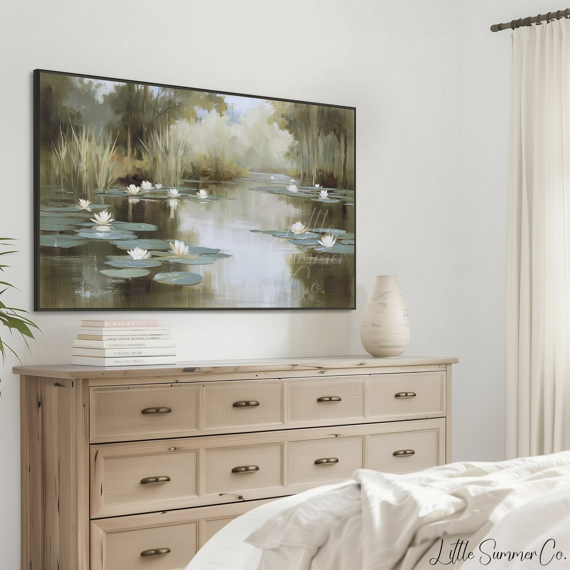 Misty Water Lily Pond Frame TV Art displayed on a TV