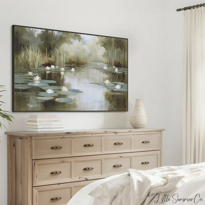 Misty Water Lily Pond Frame TV Art displayed on a TV