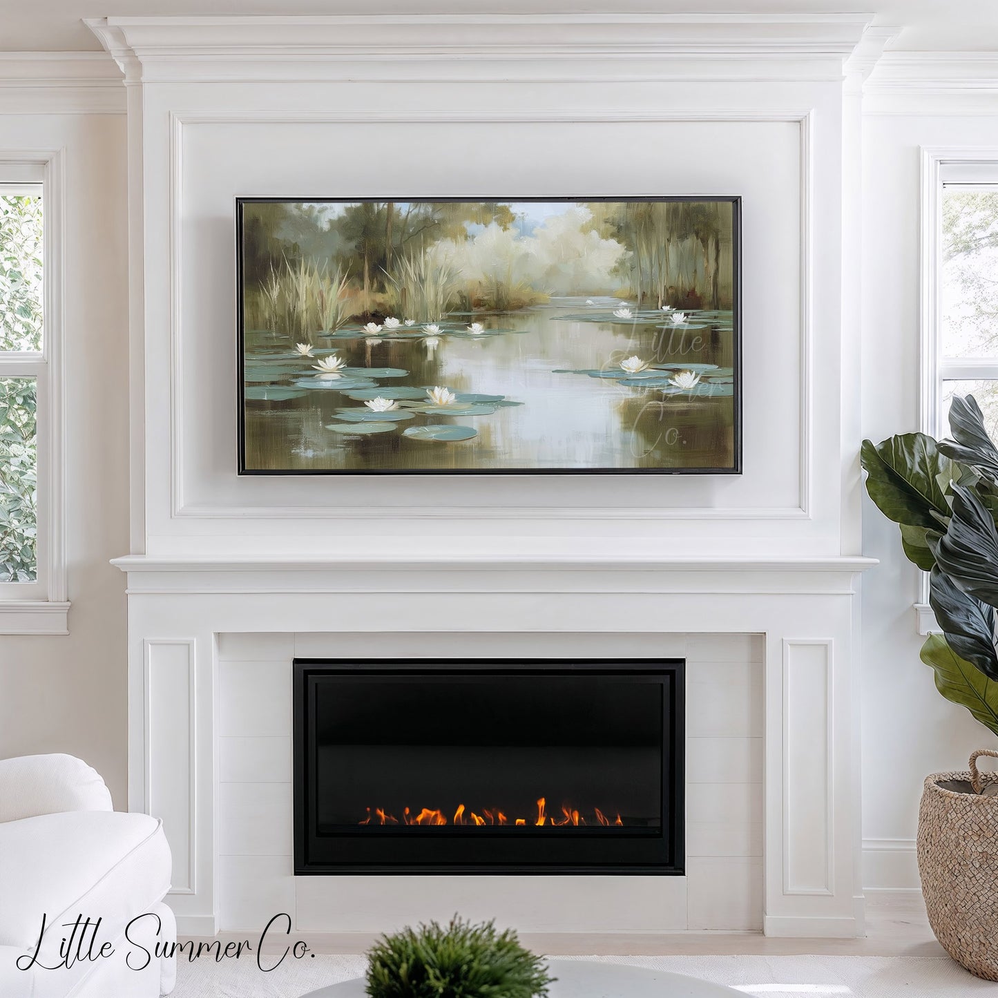 Misty Water Lily Pond Frame TV Art displayed on a TV