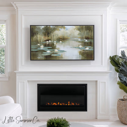 Misty Water Lily Pond Frame TV Art displayed on a TV