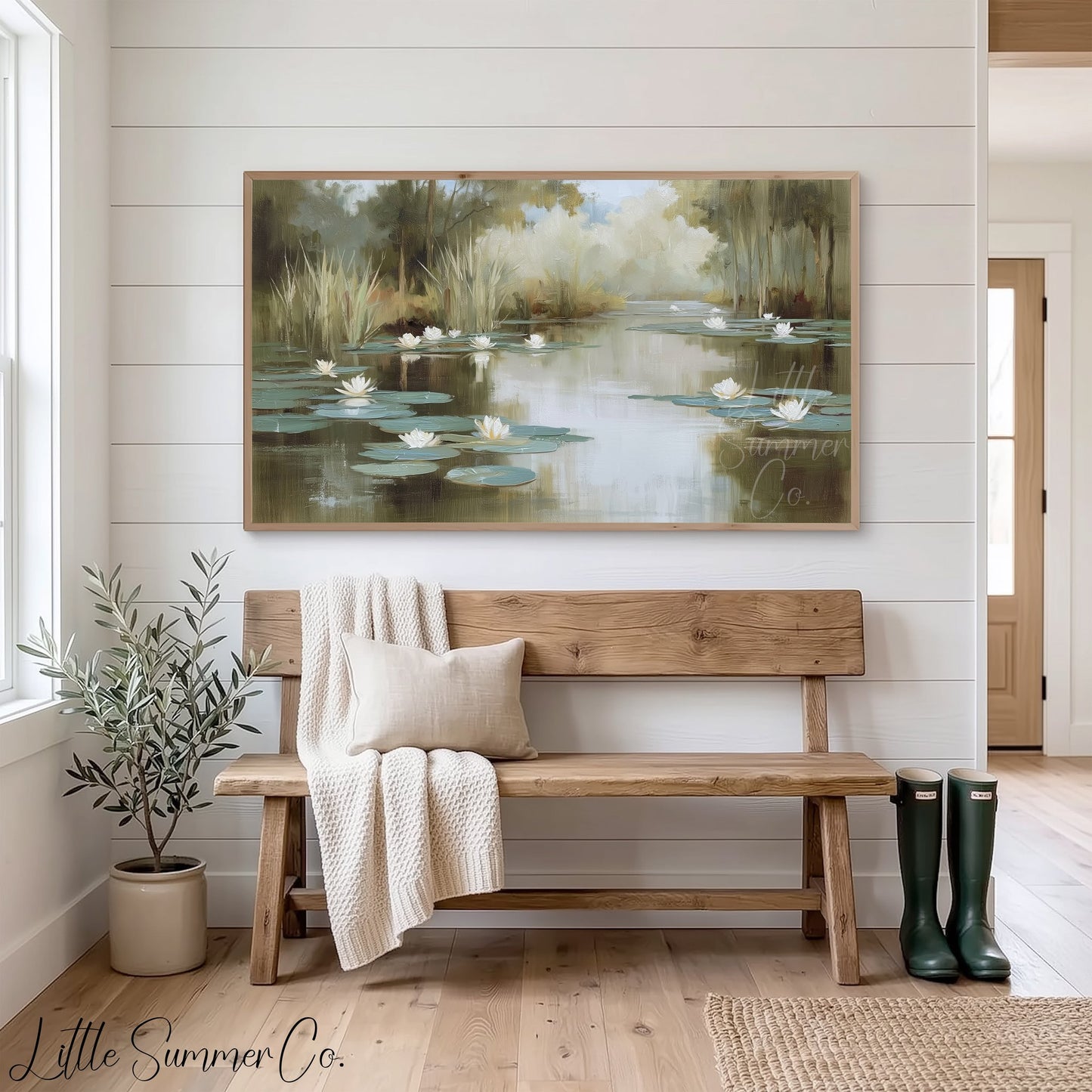 Misty Water Lily Pond Frame TV Art displayed on a TV