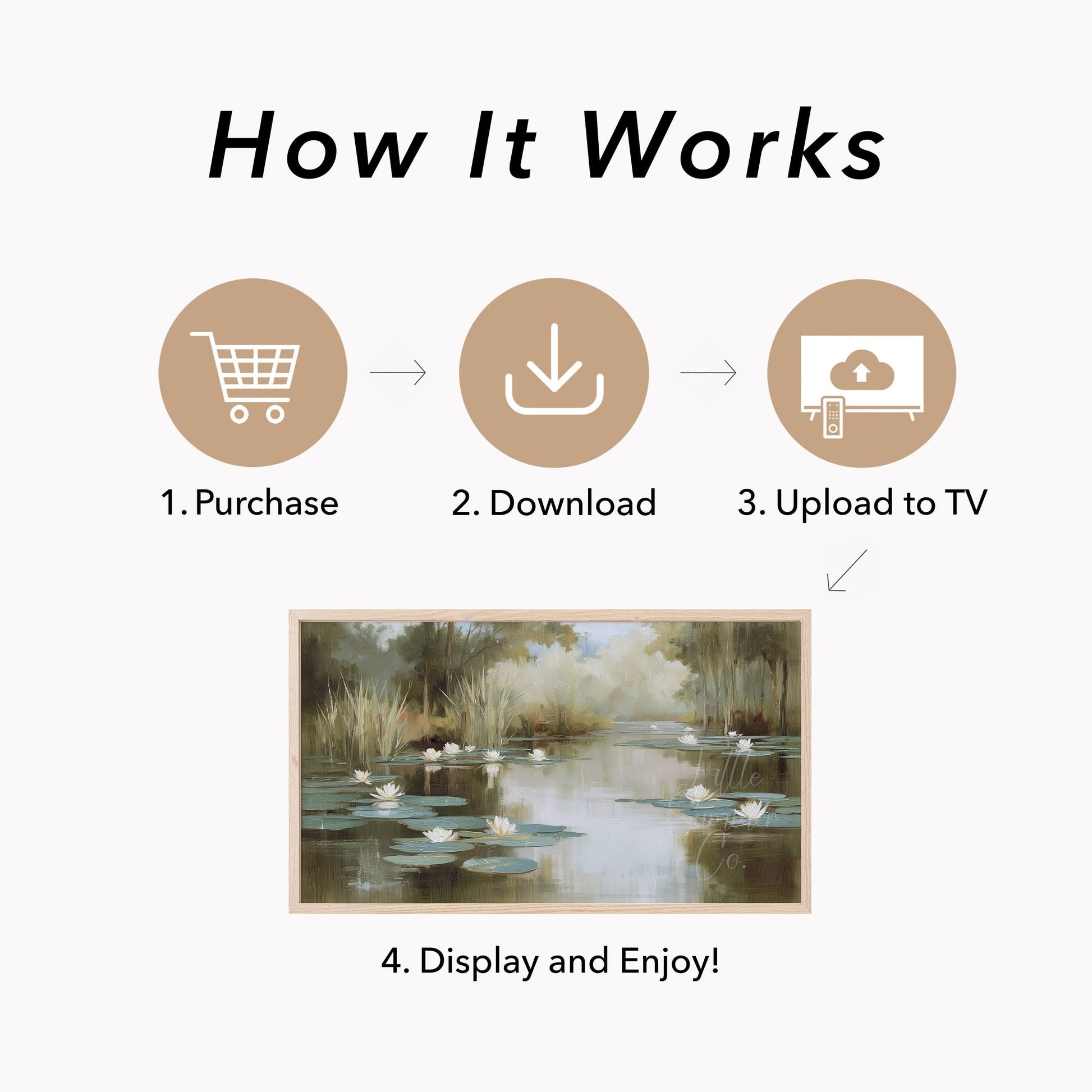 Misty Water Lily Pond Frame TV Art displayed on a TV