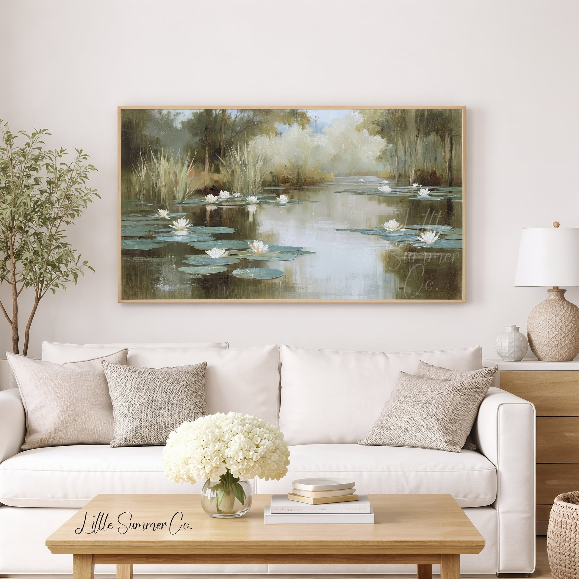 Misty Water Lily Pond Frame TV Art displayed on a TV