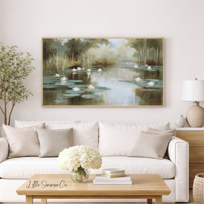 Misty Water Lily Pond Frame TV Art displayed on a TV