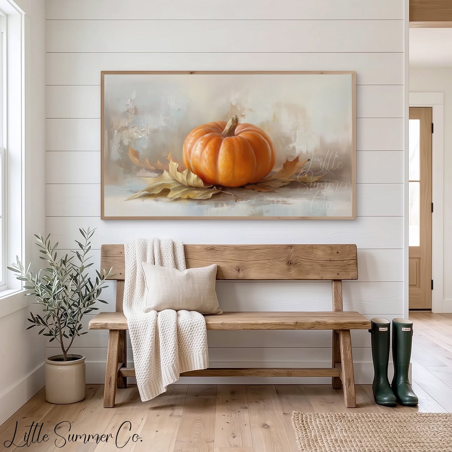 Pumpkin And Leaves Frame TV Art displayed on a TV