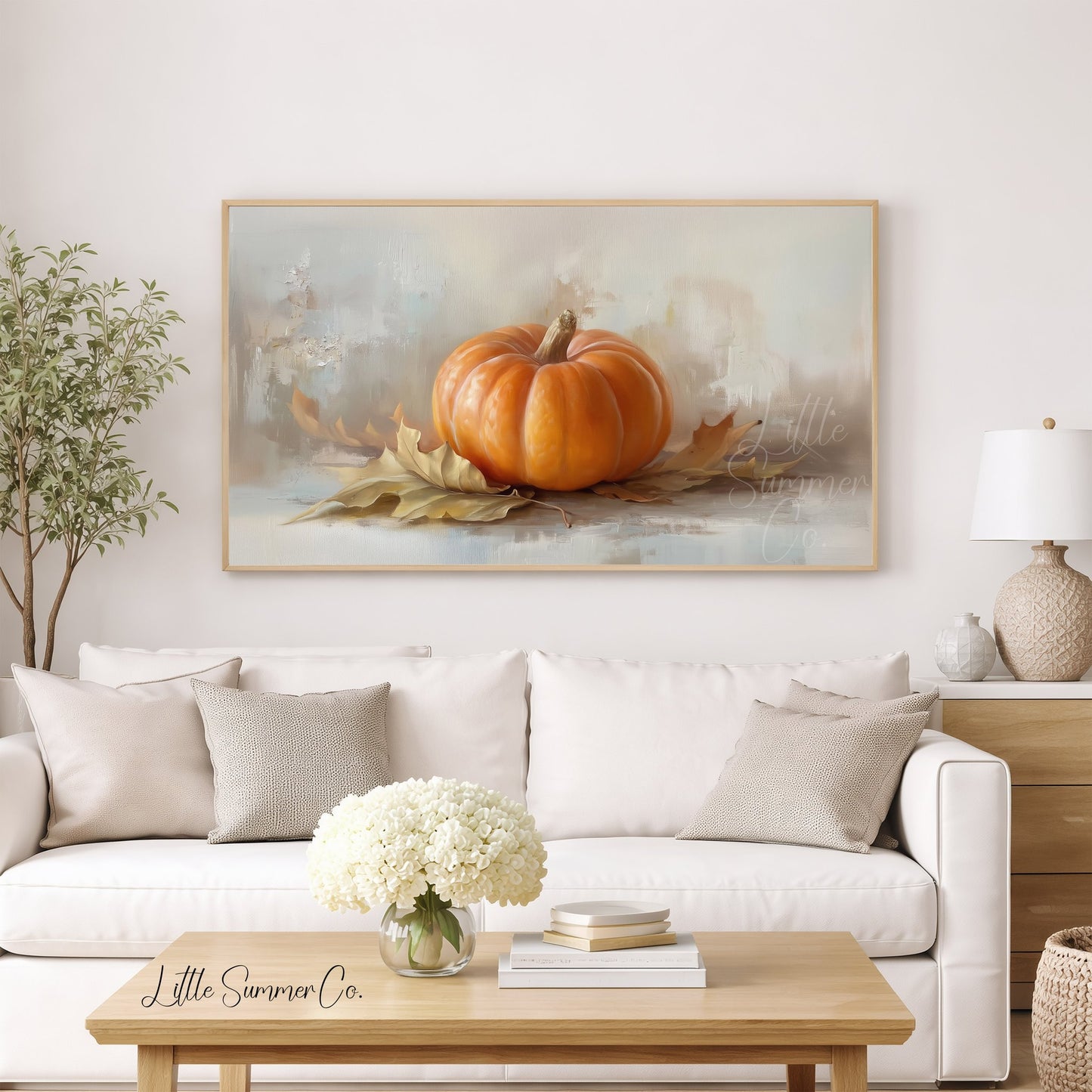 Pumpkin And Leaves Frame TV Art displayed on a TV