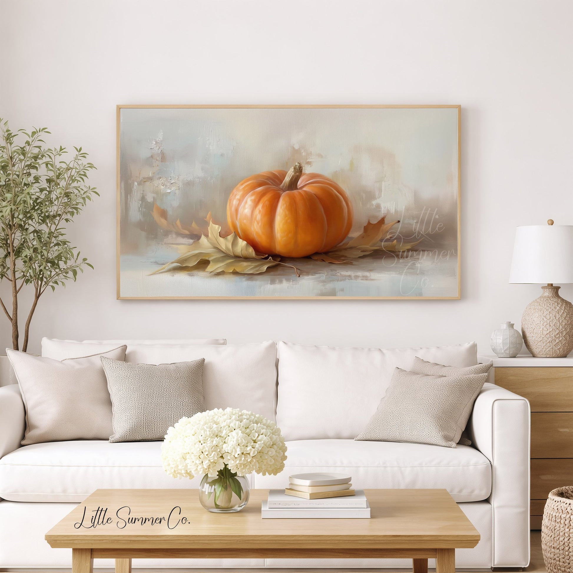 Pumpkin And Leaves Frame TV Art displayed on a TV