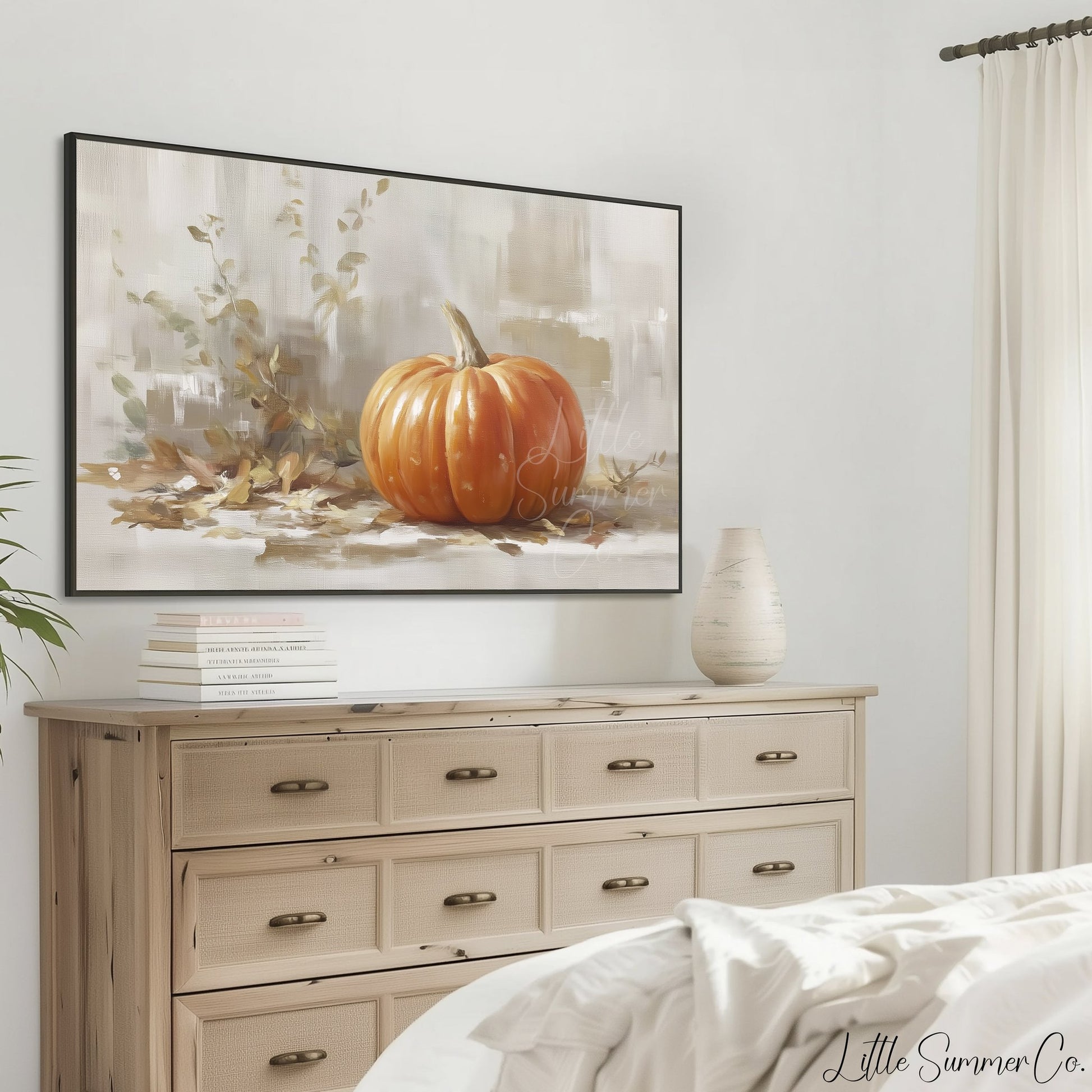Pumpkin With Leaves Frame TV Art displayed on a TV