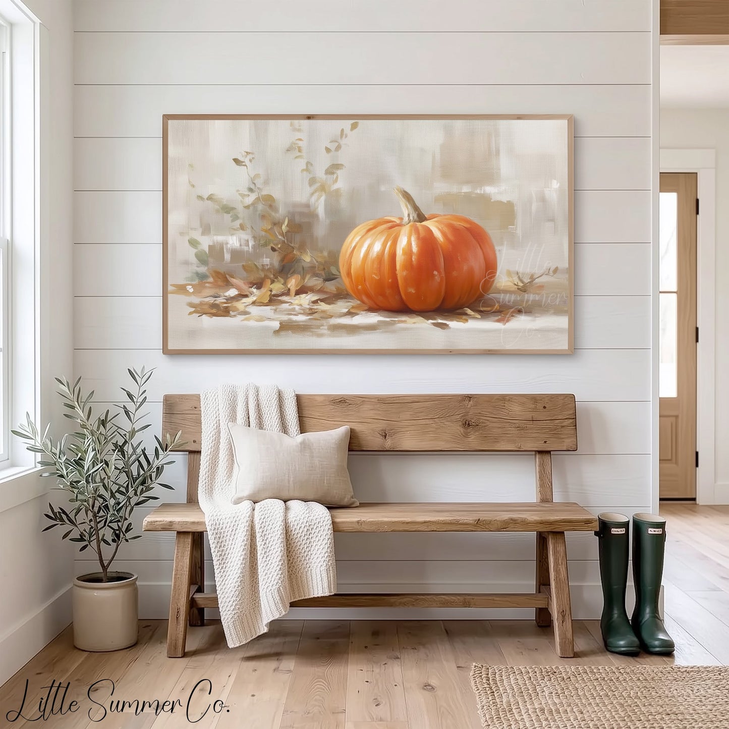 Pumpkin With Leaves Frame TV Art displayed on a TV