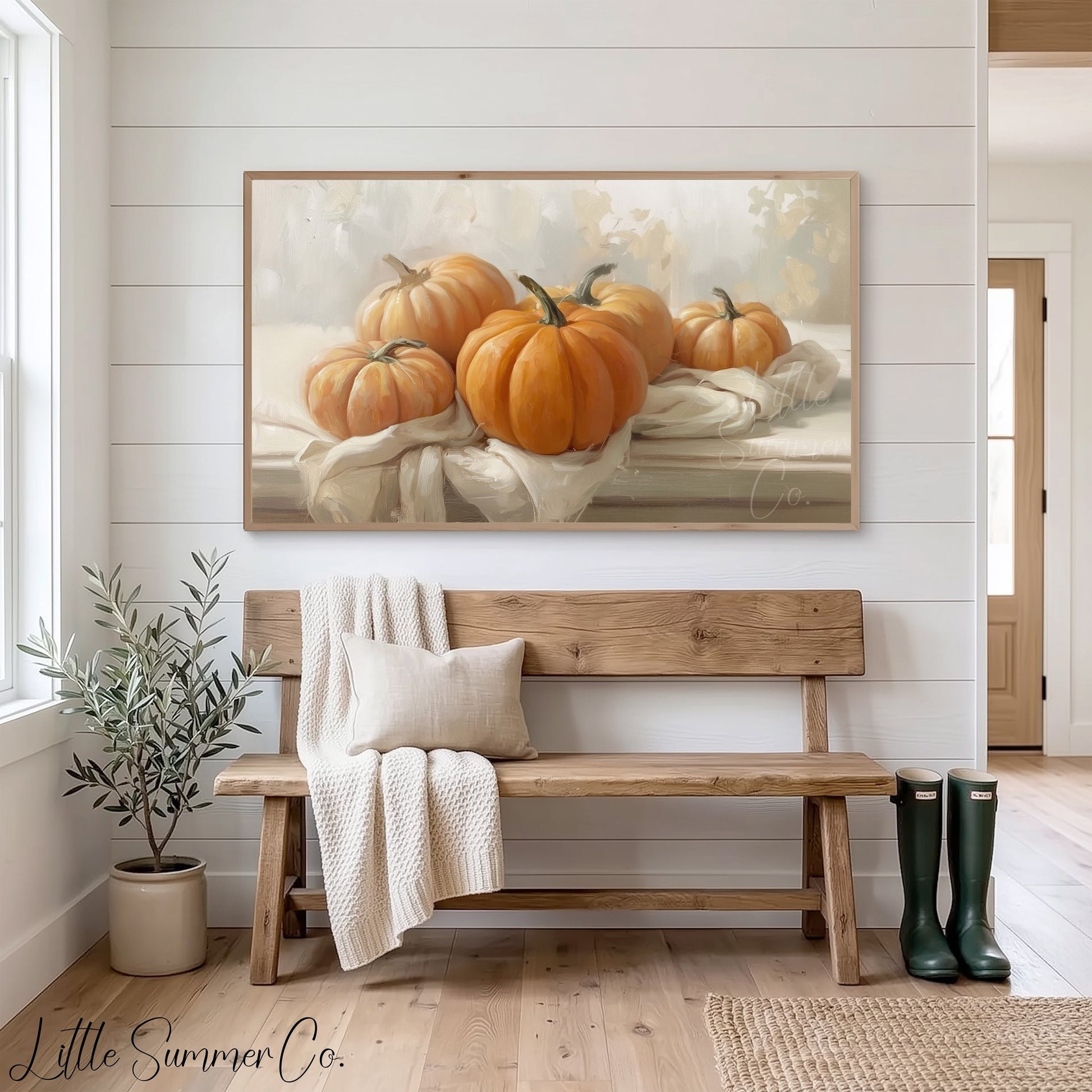 Pumpkins On Cloth Frame TV Art displayed on a TV