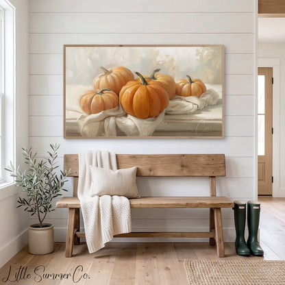 Pumpkins On Cloth Frame TV Art displayed on a TV
