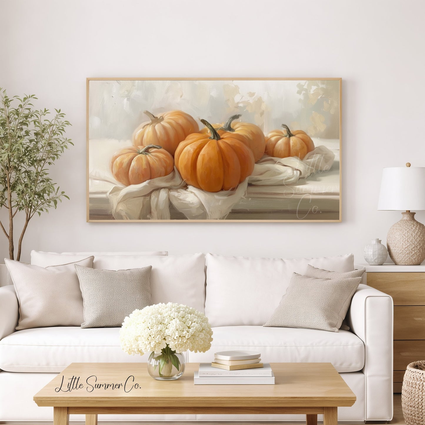 Pumpkins On Cloth Frame TV Art displayed on a TV
