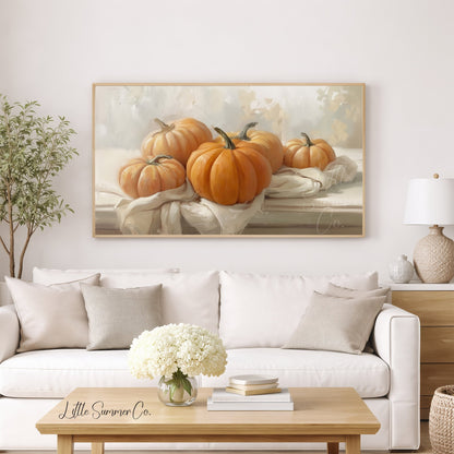 Pumpkins On Cloth Frame TV Art displayed on a TV