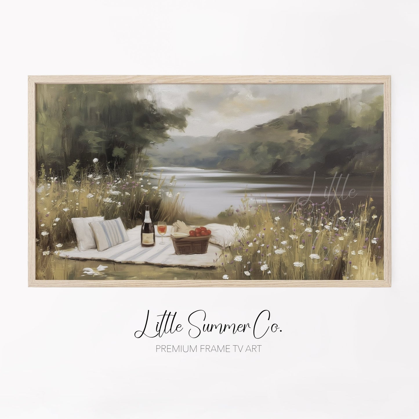 Summer Lakeside Picnic Scene Frame TV Art displayed on a TV