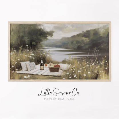 Summer Lakeside Picnic Scene Frame TV Art displayed on a TV