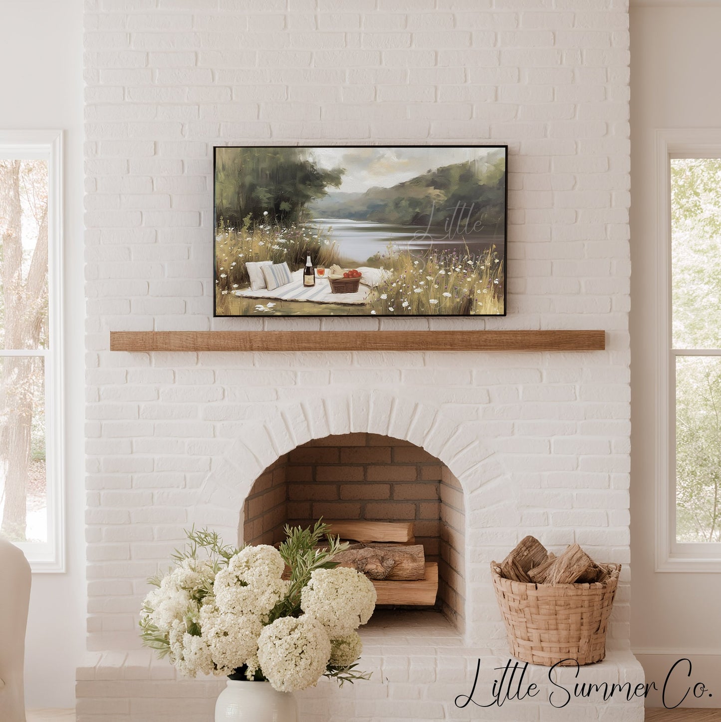 Summer Lakeside Picnic Scene Frame TV Art displayed on a TV