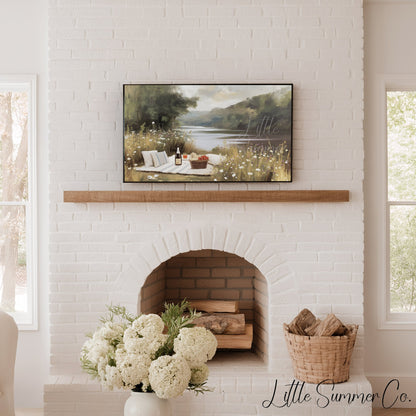 Summer Lakeside Picnic Scene Frame TV Art displayed on a TV
