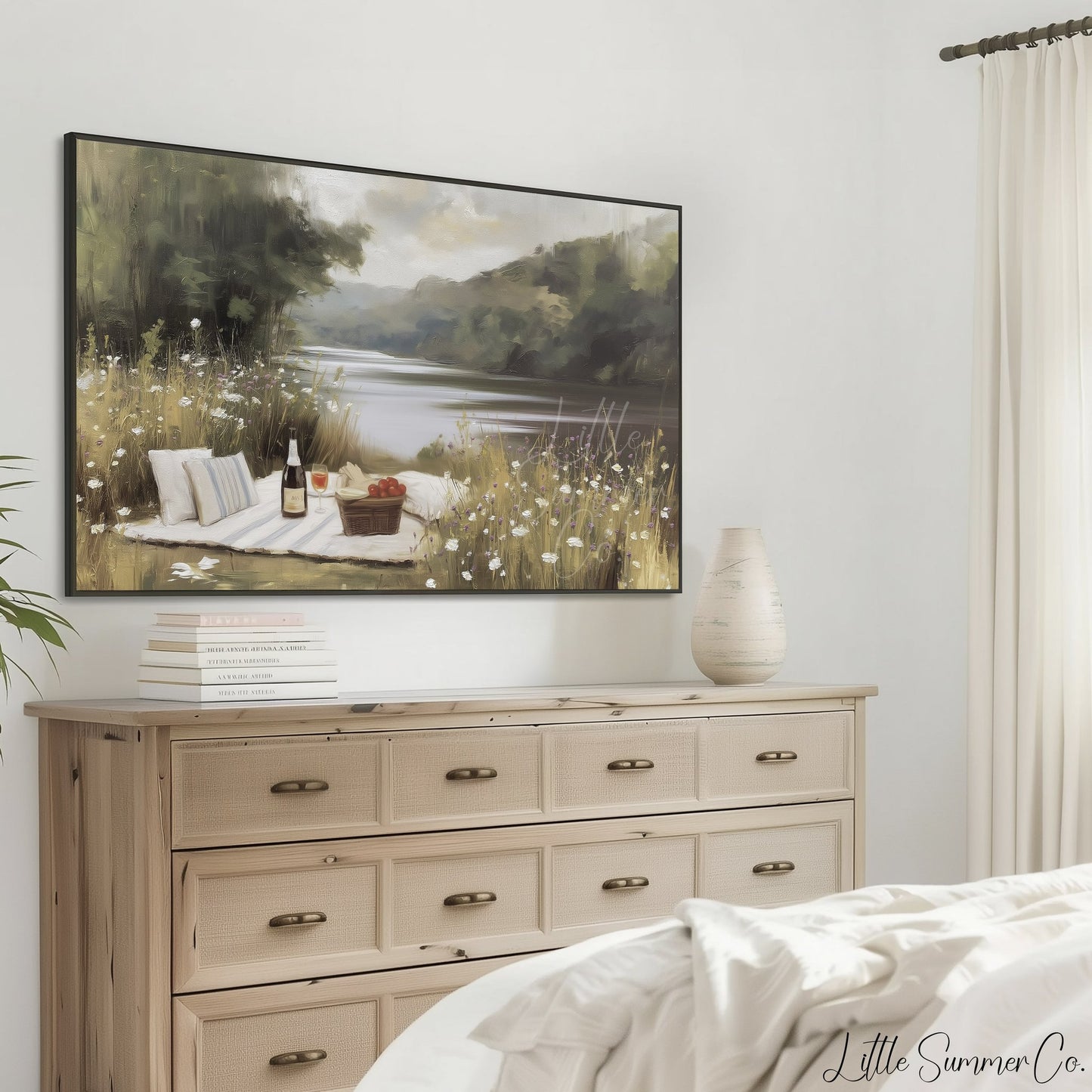 Summer Lakeside Picnic Scene Frame TV Art displayed on a TV