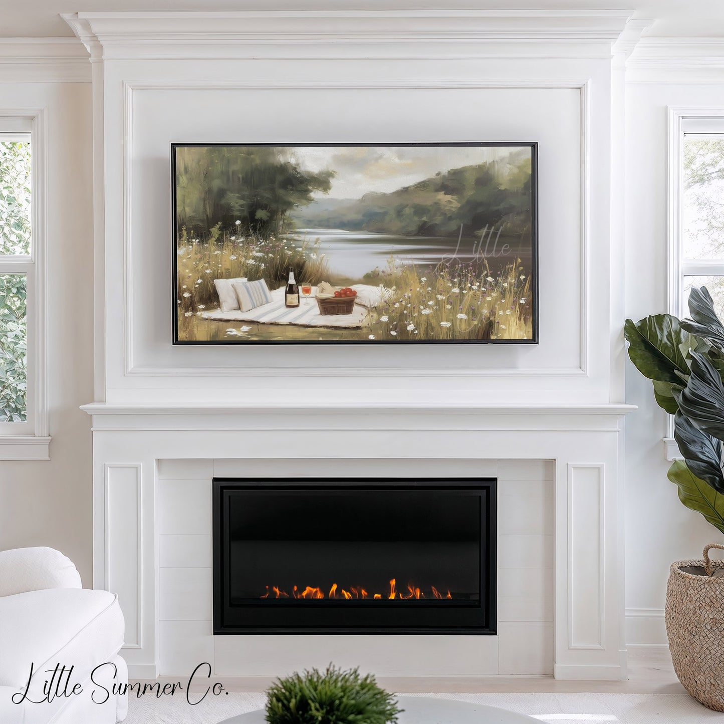 Summer Lakeside Picnic Scene Frame TV Art displayed on a TV