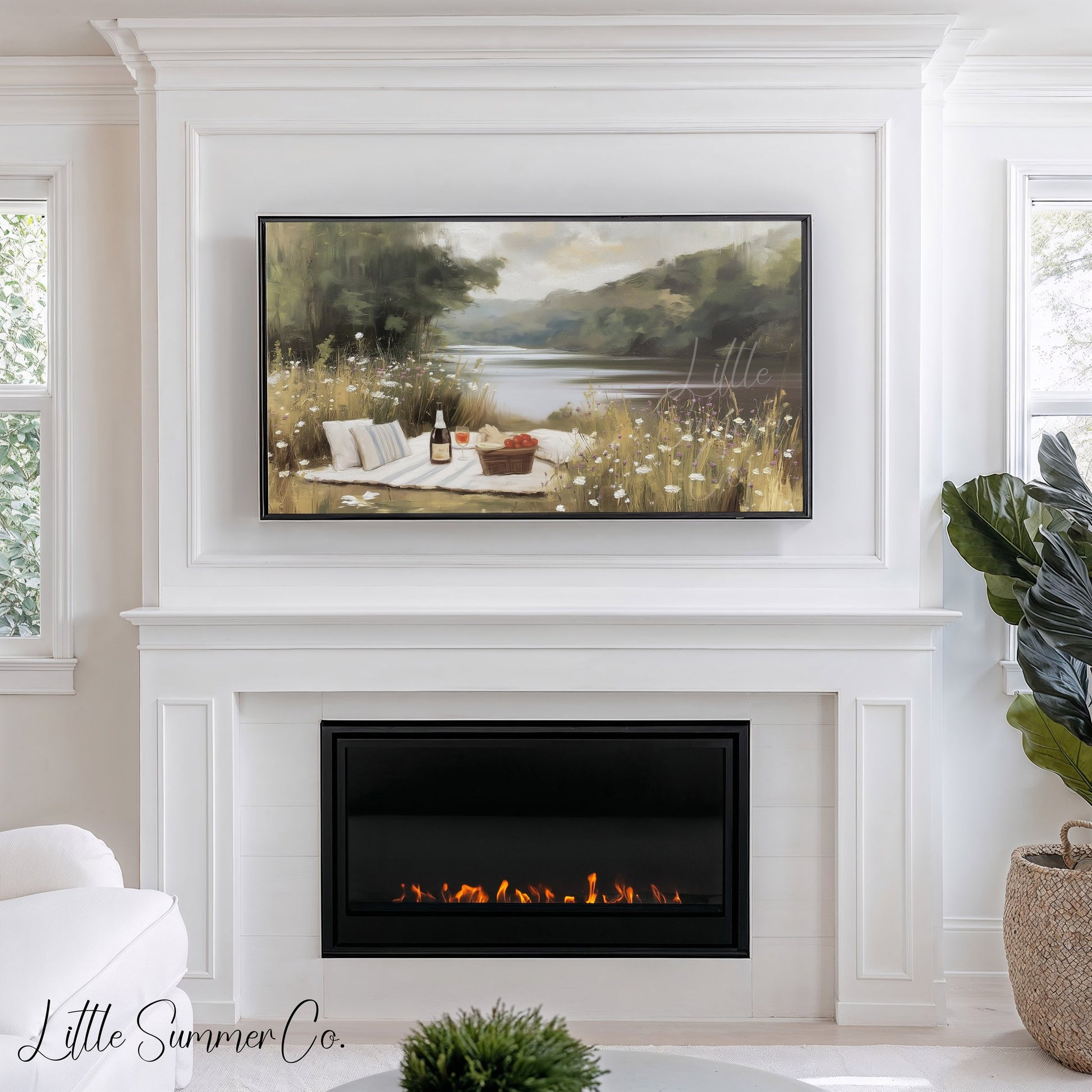 Summer Lakeside Picnic Scene Frame TV Art displayed on a TV