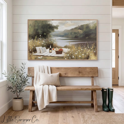Summer Lakeside Picnic Scene Frame TV Art displayed on a TV