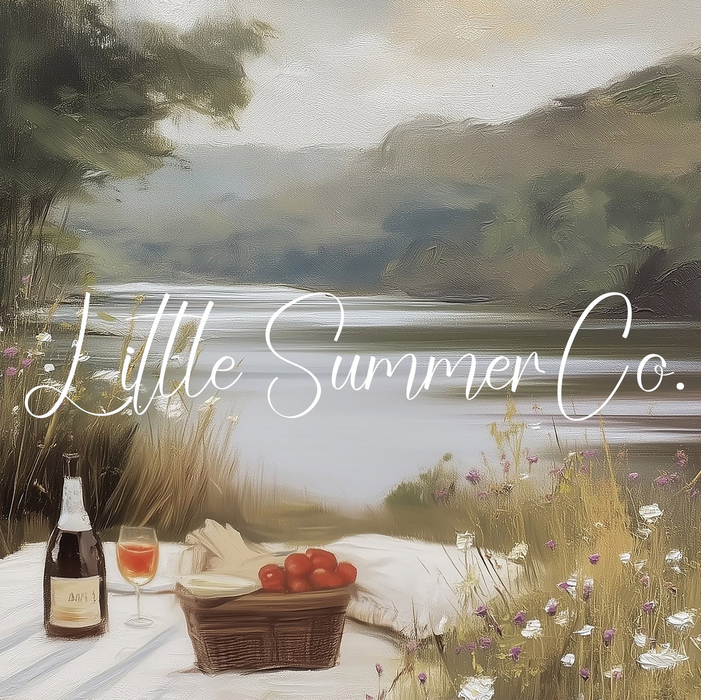Summer Lakeside Picnic Scene Frame TV Art displayed on a TV