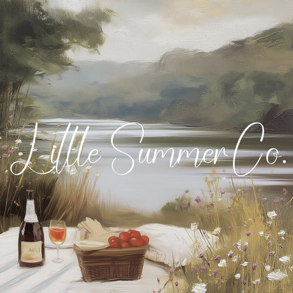 Summer Lakeside Picnic Scene Frame TV Art displayed on a TV