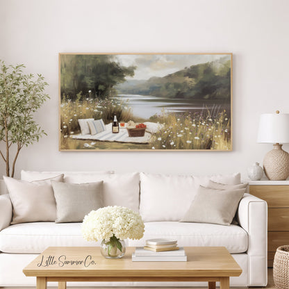 Summer Lakeside Picnic Scene Frame TV Art displayed on a TV