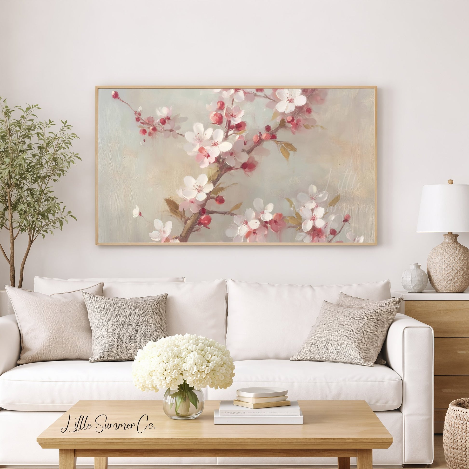 Pink Blossom Branches Frame TV Art displayed on a TV