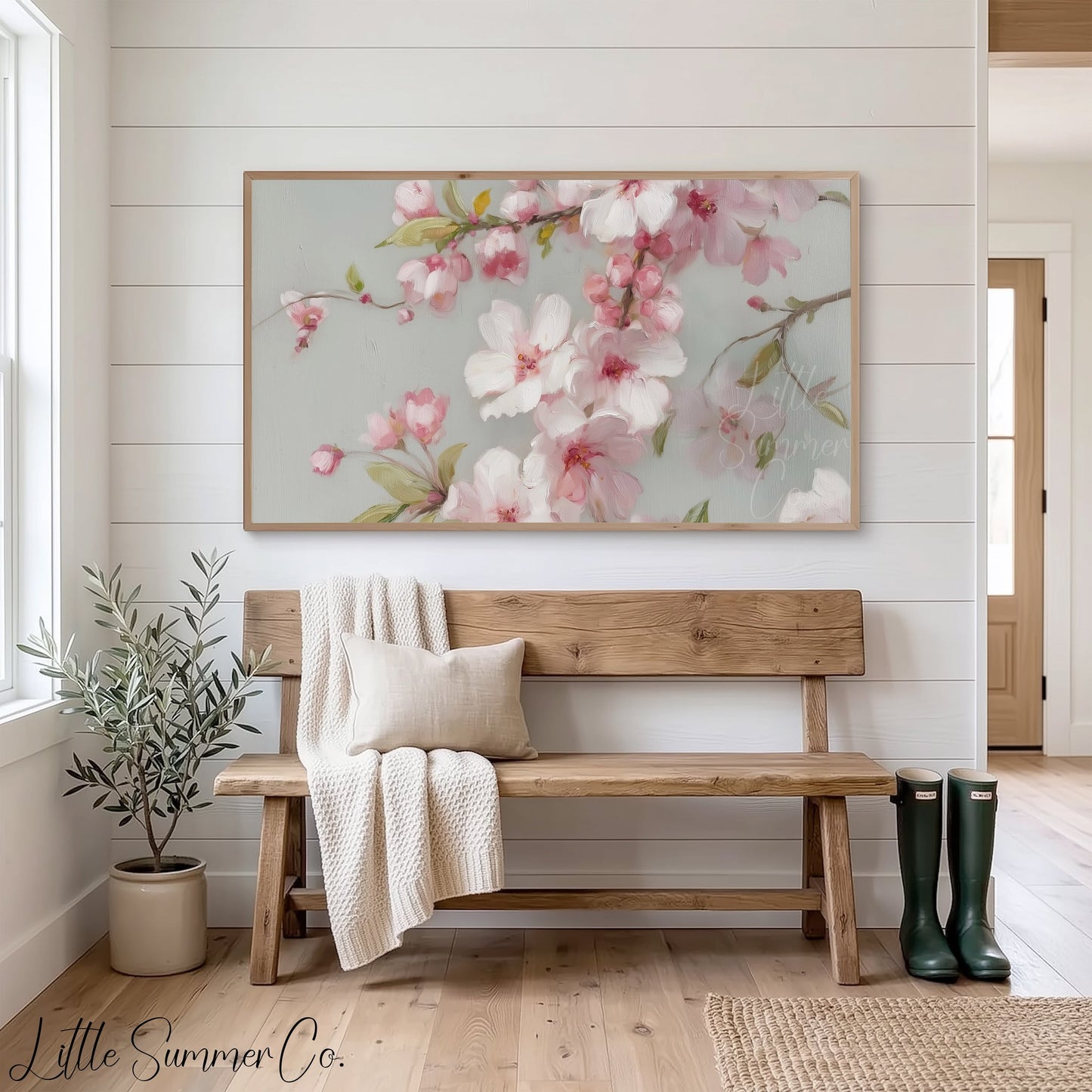 Pink Cherry Blossom Branches Frame TV Art displayed on a TV