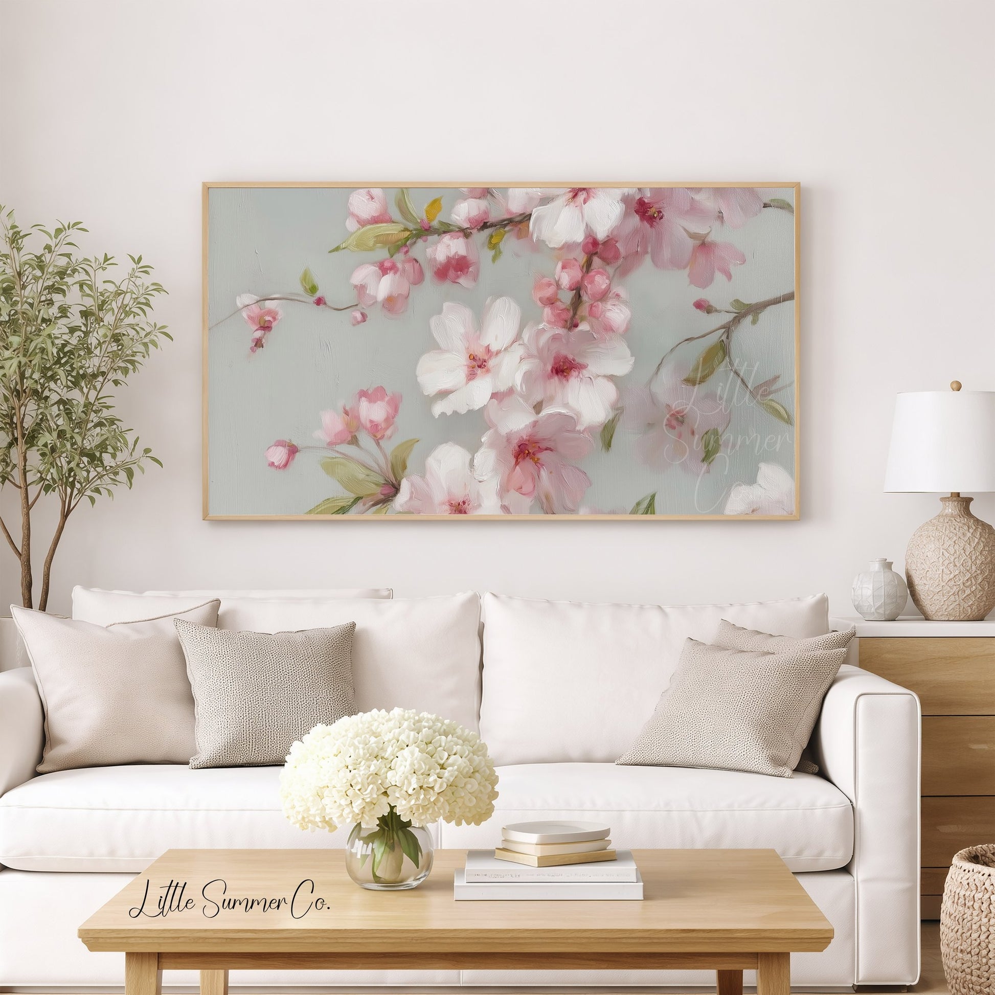 Pink Cherry Blossom Branches Frame TV Art displayed on a TV