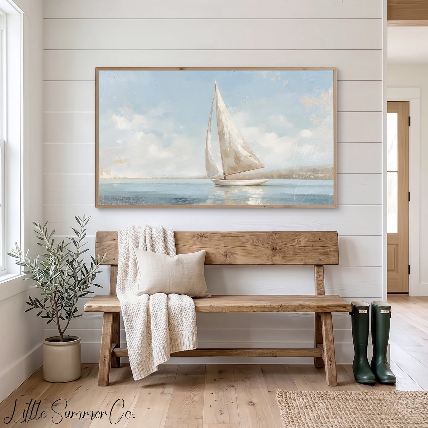Sailboat At Sea Frame TV Art displayed on a TV