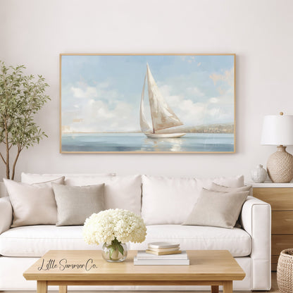 Sailboat At Sea Frame TV Art displayed on a TV
