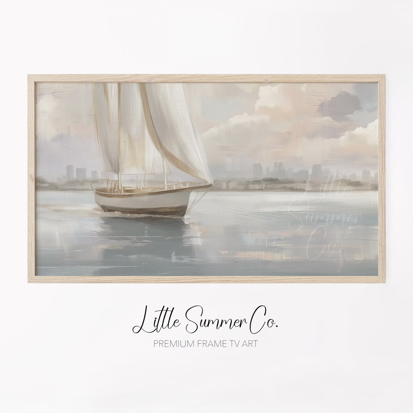 Sailboat And Skyline Frame TV Art displayed on a TV