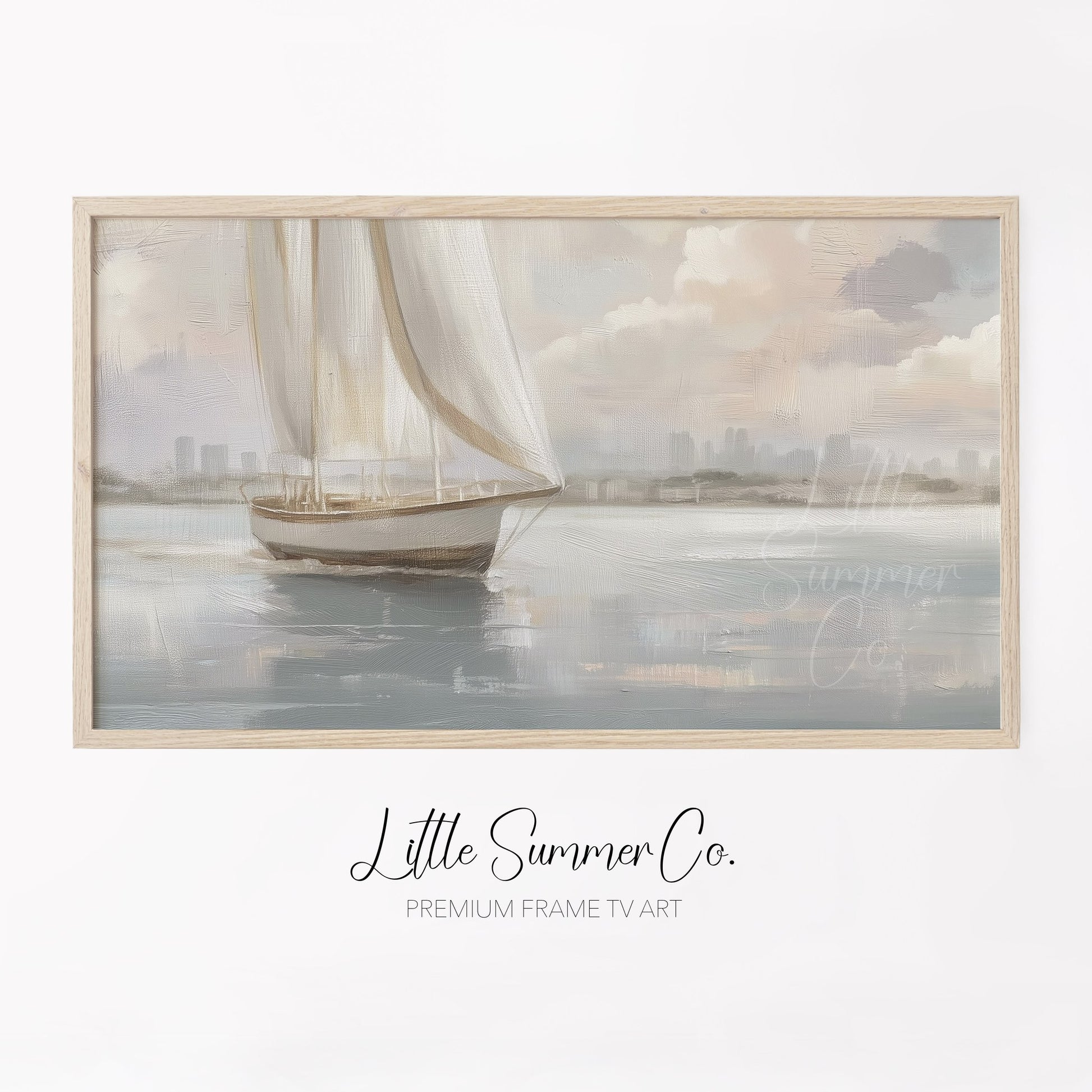 Sailboat And Skyline Frame TV Art displayed on a TV