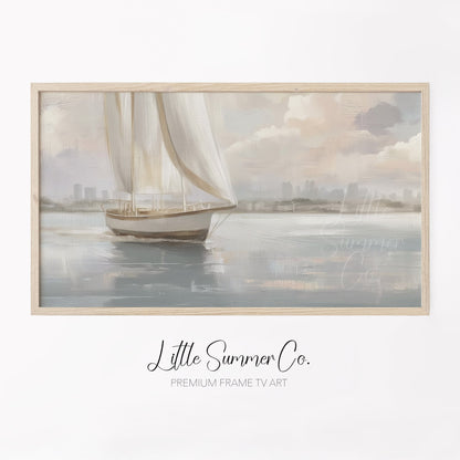 Sailboat And Skyline Frame TV Art displayed on a TV