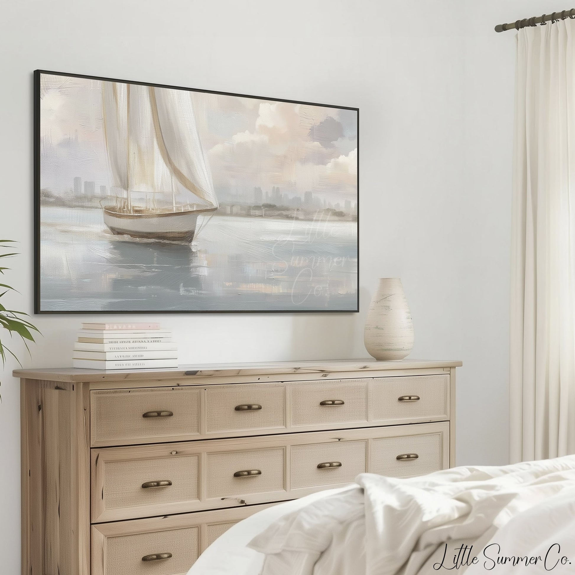 Sailboat And Skyline Frame TV Art displayed on a TV