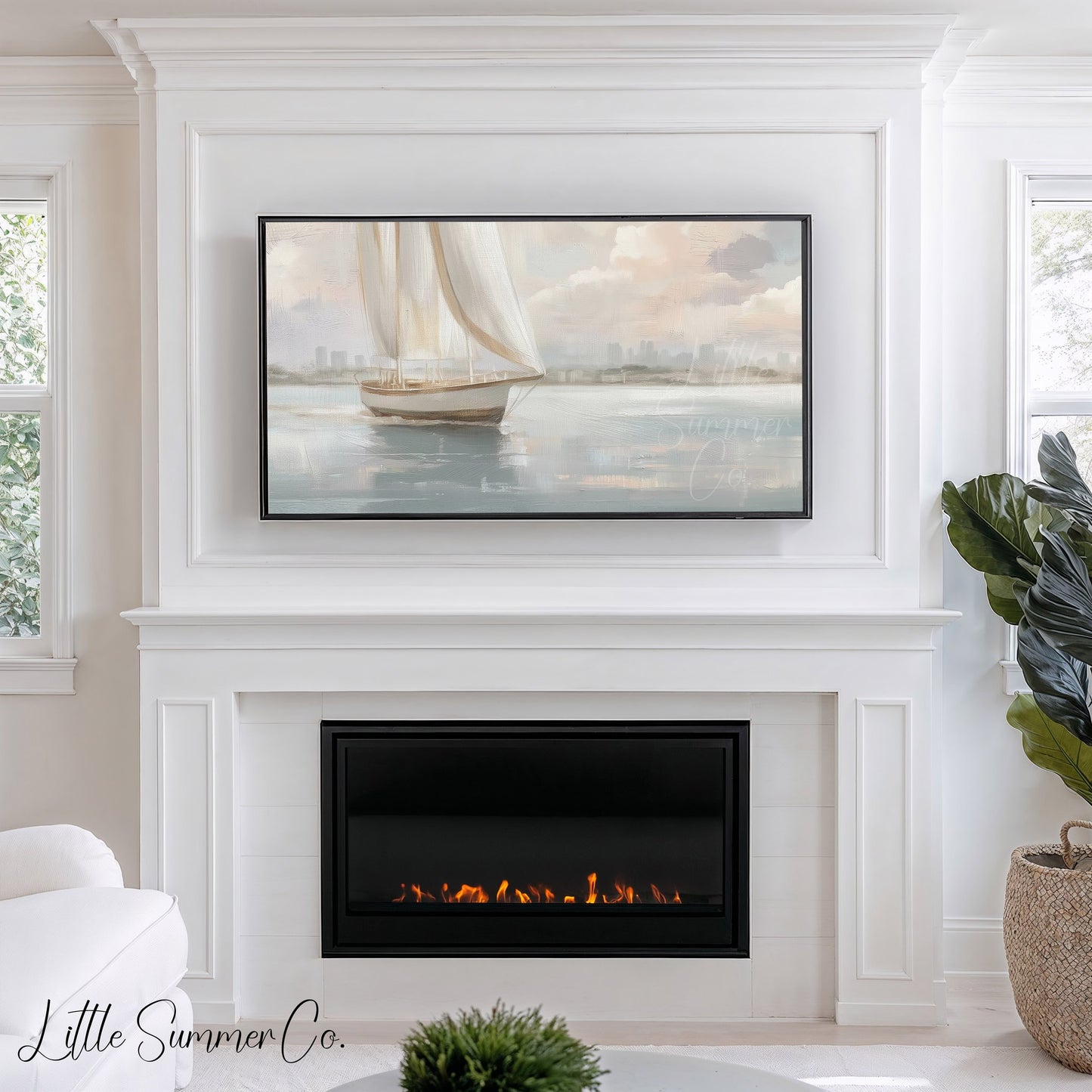 Sailboat And Skyline Frame TV Art displayed on a TV