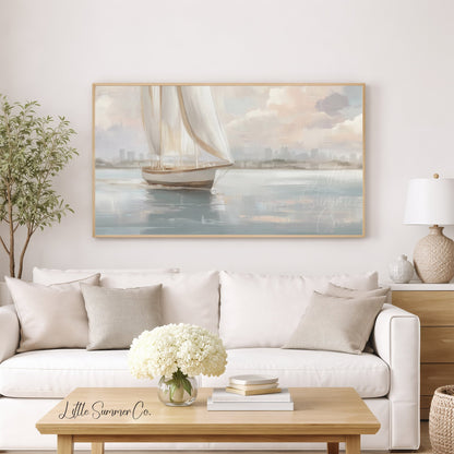 Sailboat And Skyline Frame TV Art displayed on a TV