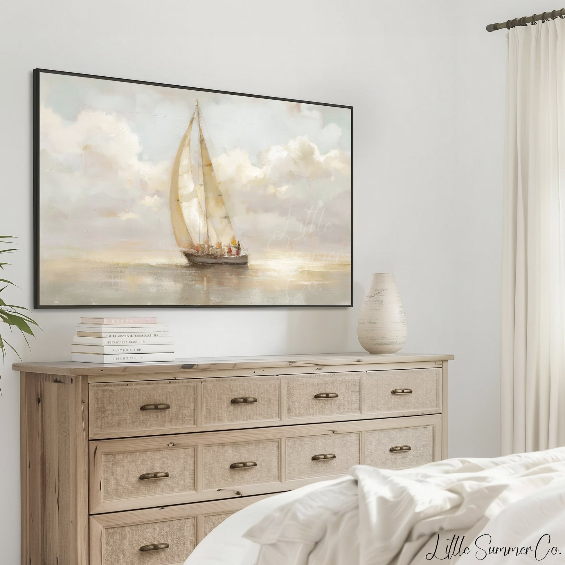 Peaceful Sailboat Calm Sea Frame TV Art displayed on a TV