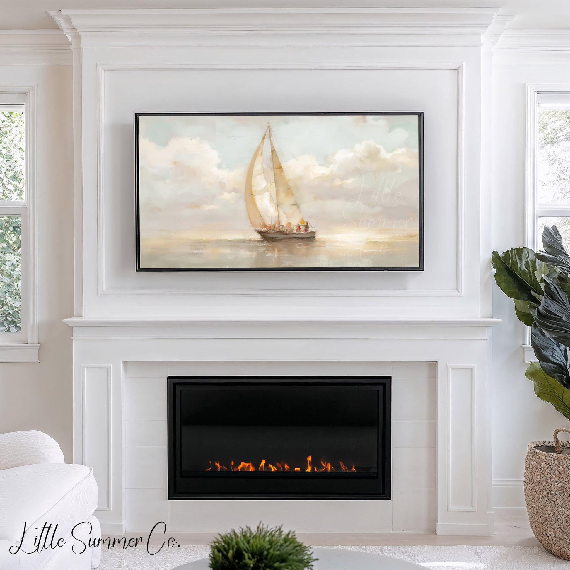 Peaceful Sailboat Calm Sea Frame TV Art displayed on a TV