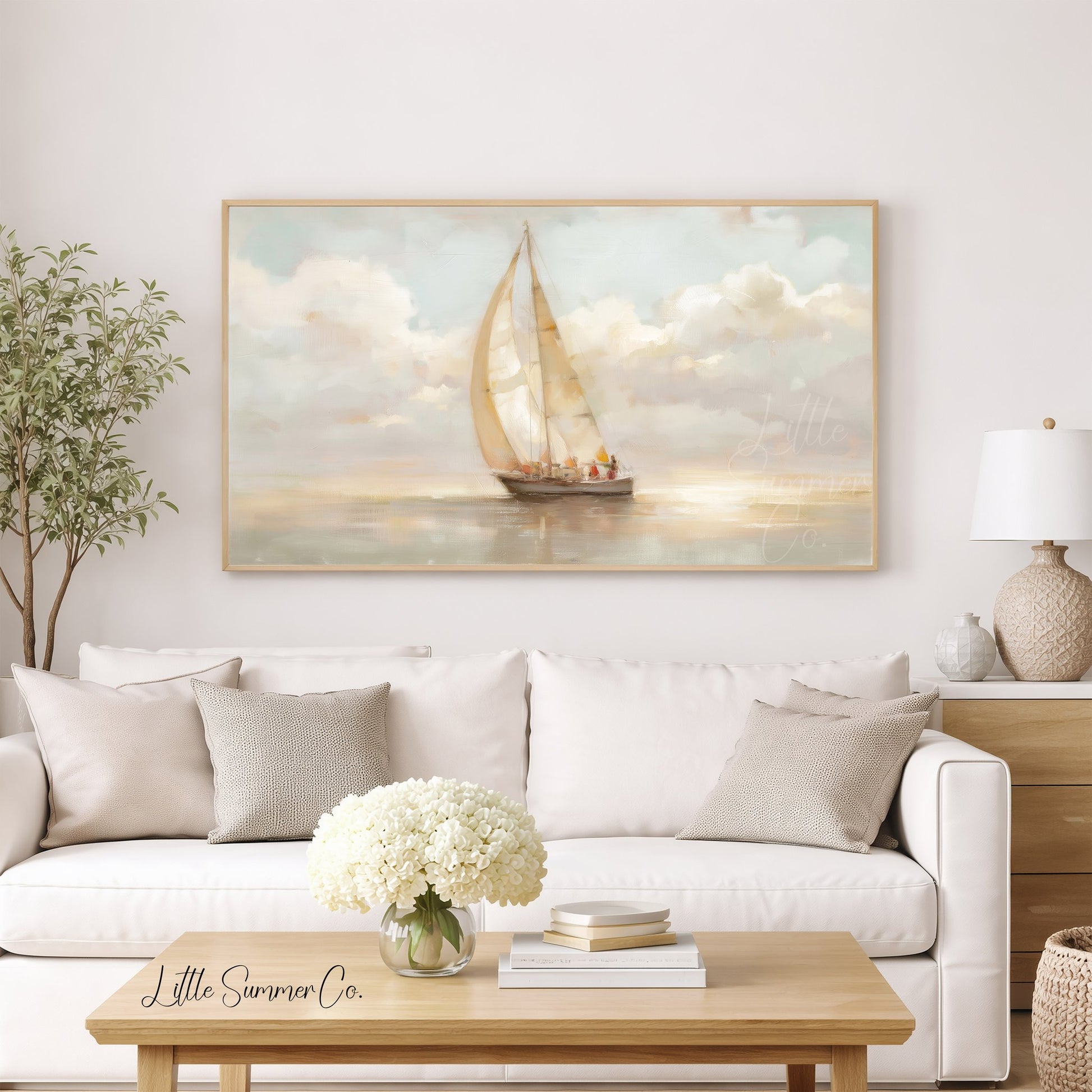 Peaceful Sailboat Calm Sea Frame TV Art displayed on a TV