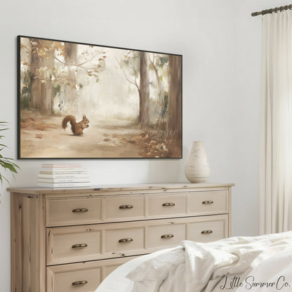 Red Squirrel In Autumn Forest Frame TV Art displayed on a TV