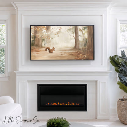Red Squirrel In Autumn Forest Frame TV Art displayed on a TV