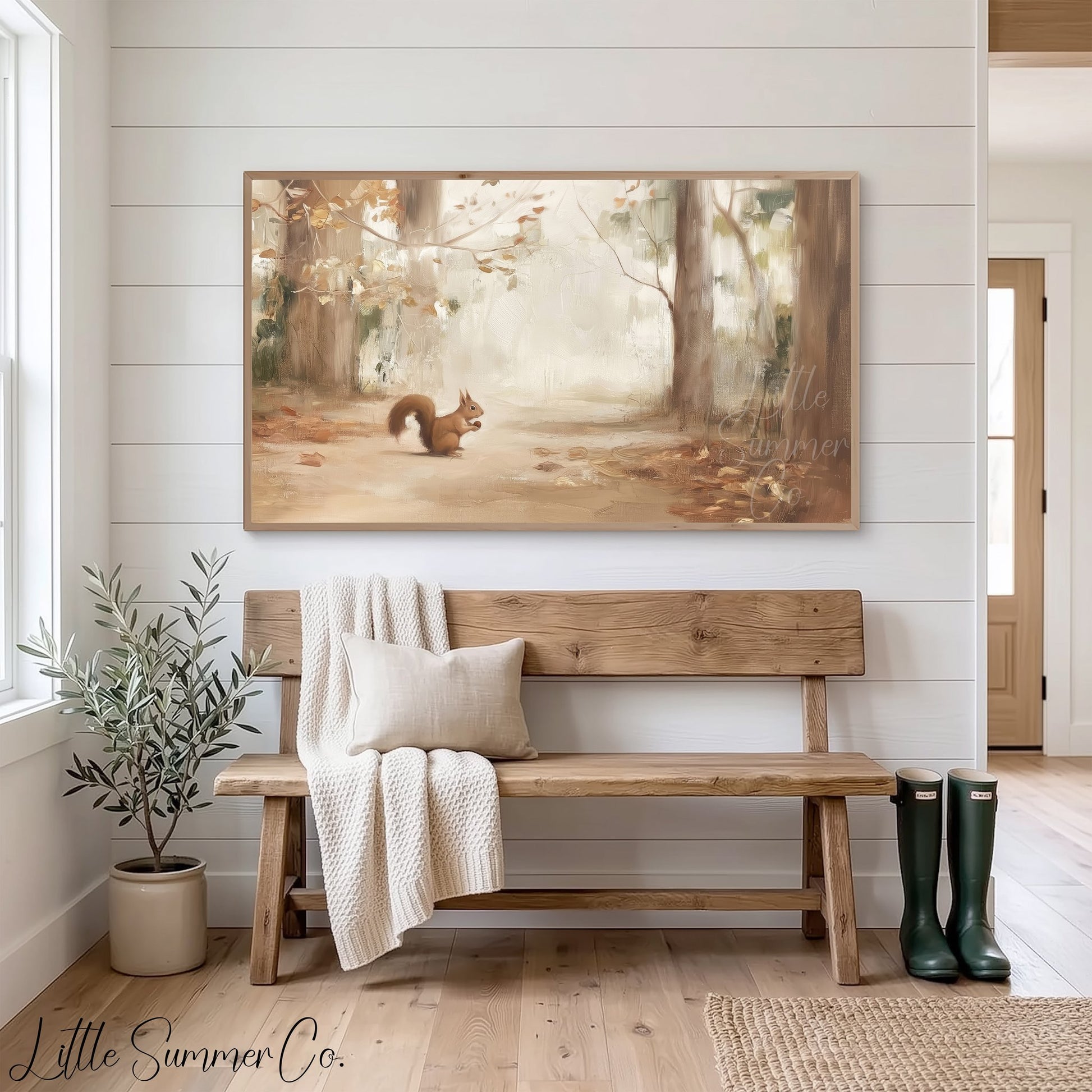 Red Squirrel In Autumn Forest Frame TV Art displayed on a TV