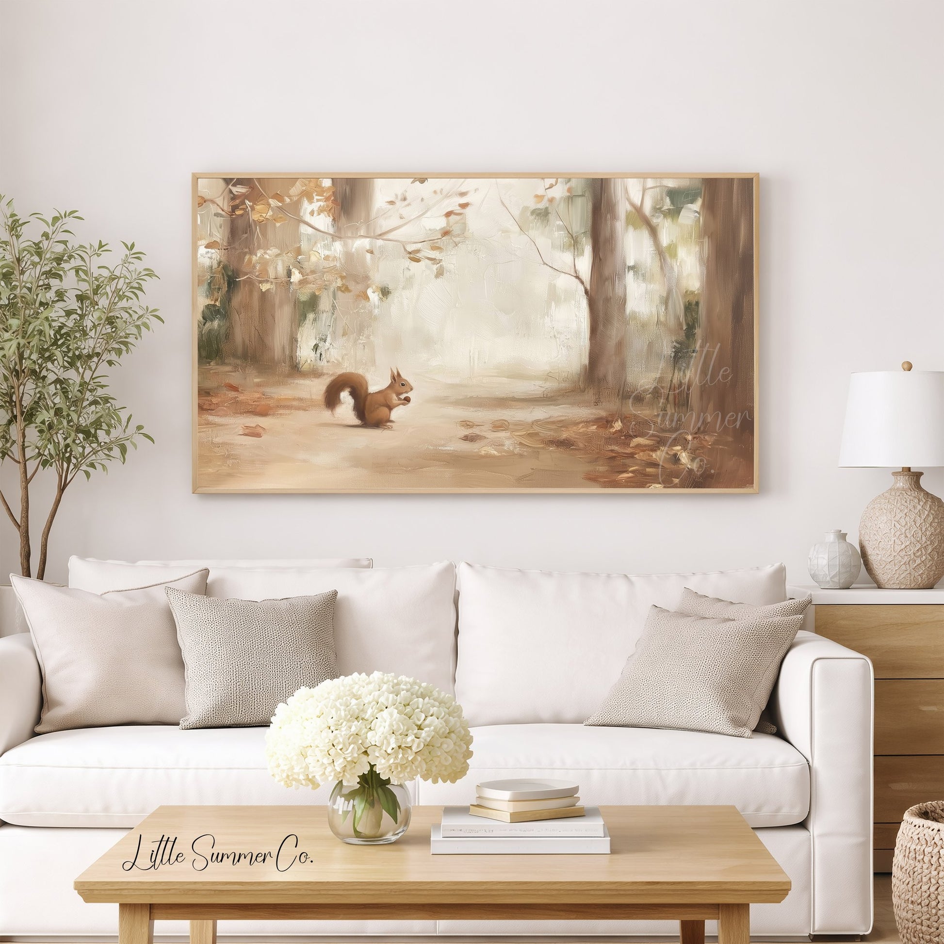 Red Squirrel In Autumn Forest Frame TV Art displayed on a TV