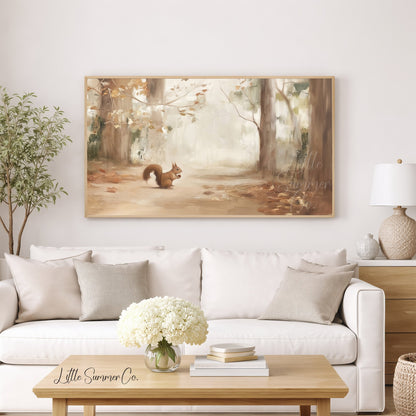 Red Squirrel In Autumn Forest Frame TV Art displayed on a TV